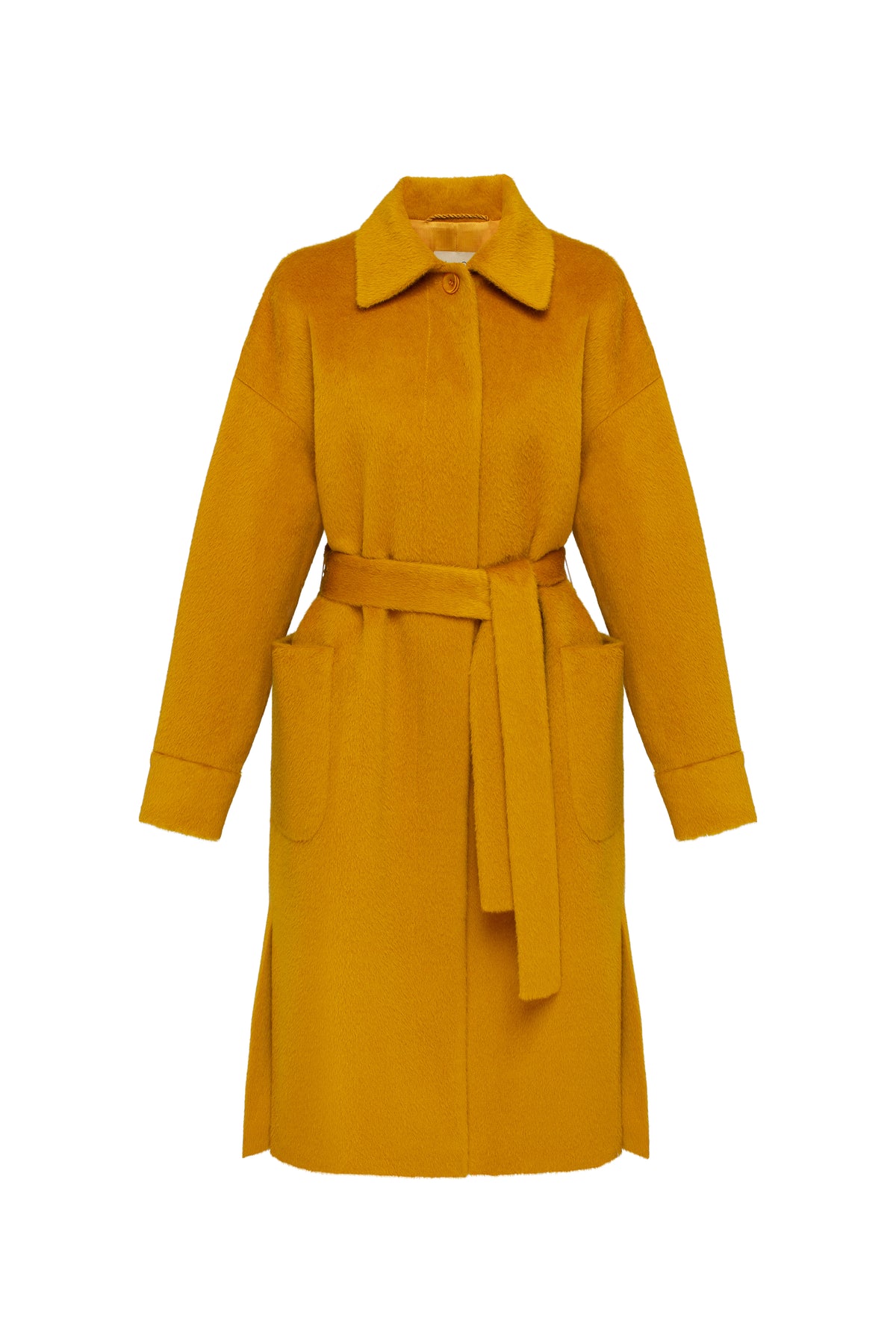 Yellow coat with a belt on a white background