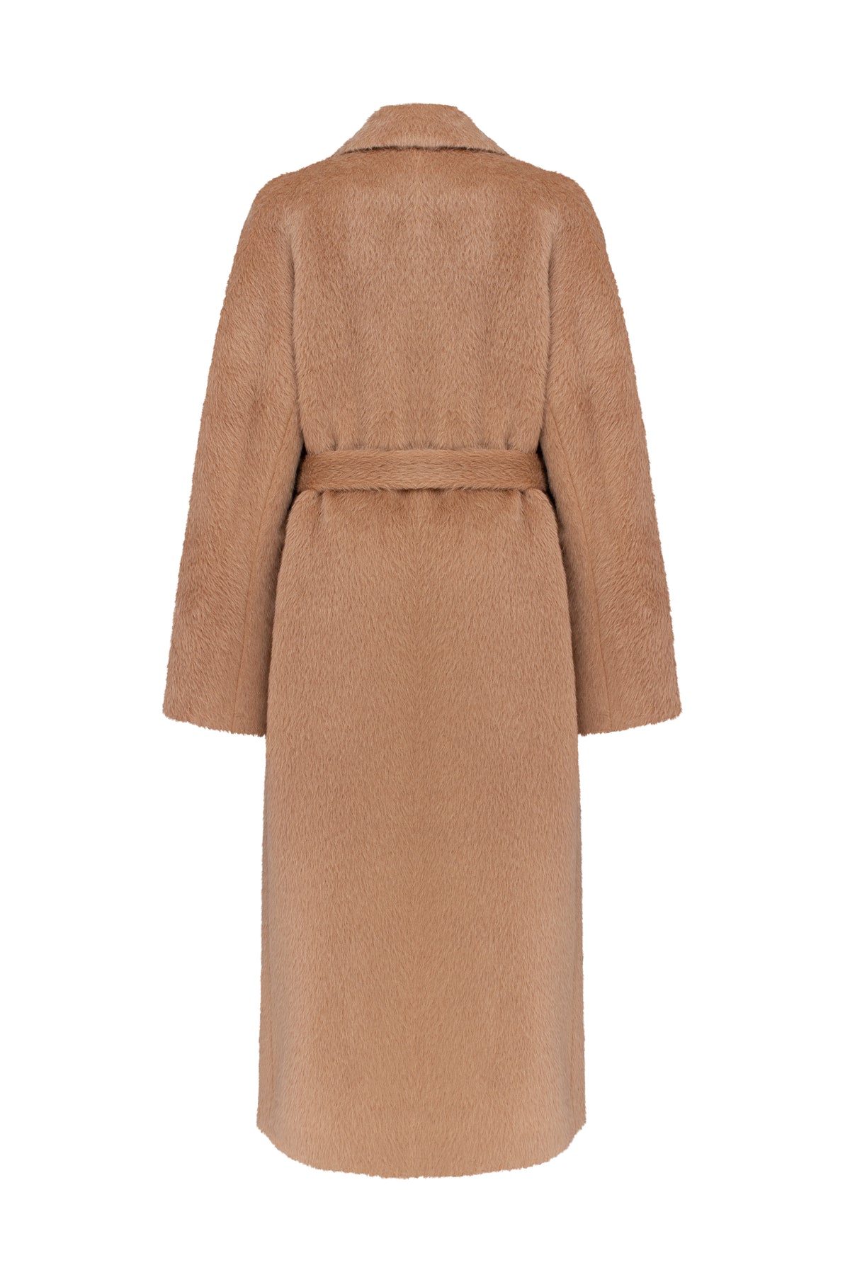 Tan coat with a belt on a white background