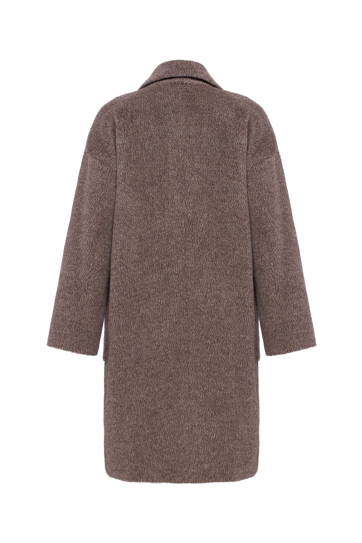 A textured brown wool coat shown from the back, featuring a wide collar and long sleeves, photographed against a solid white background.