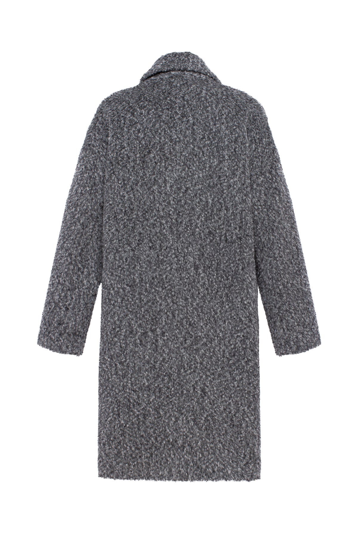 A textured charcoal gray coat with a fuzzy, bouclé-like fabric, shown from the back against a plain white background.