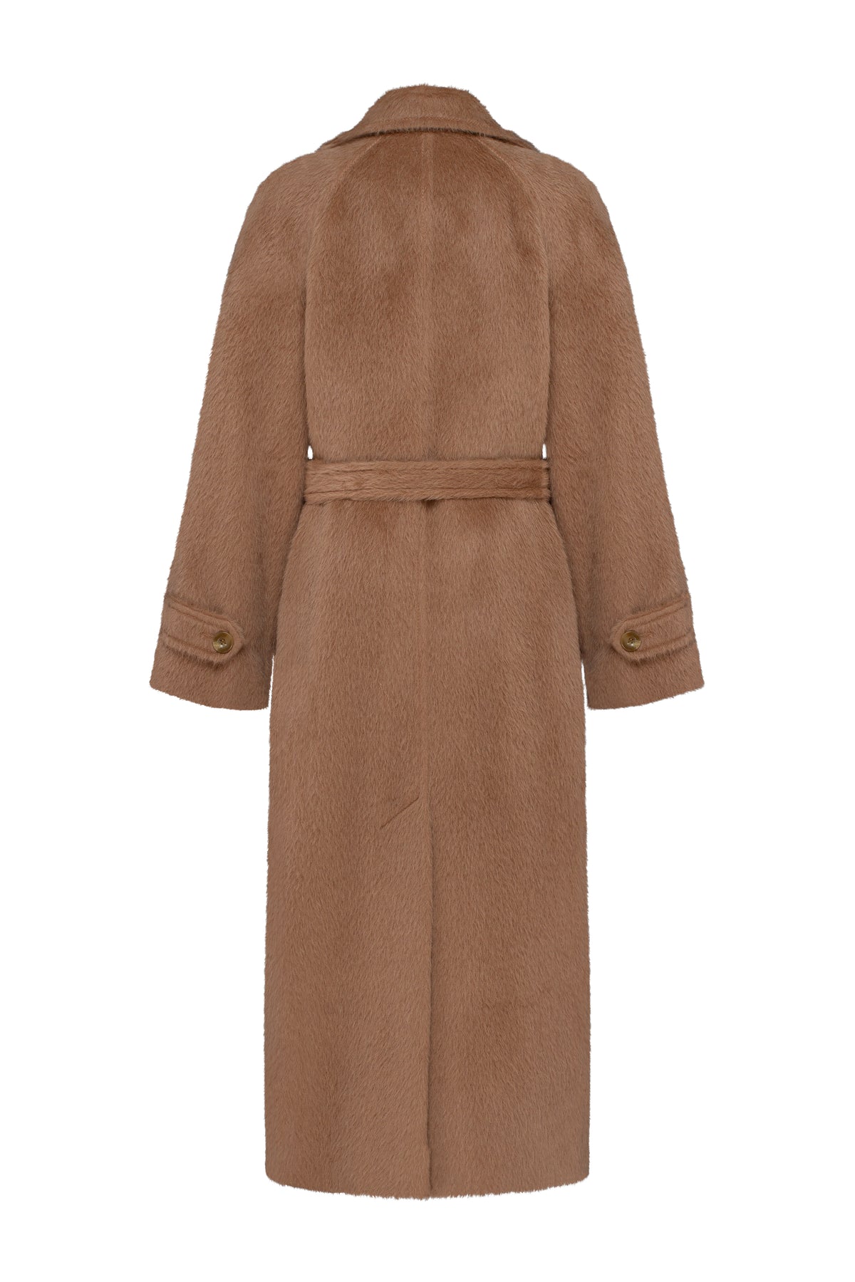 A long brown teddy coat shown from the back, featuring a collar, waist tie belt, and buttoned cuffs, set against a plain white background.