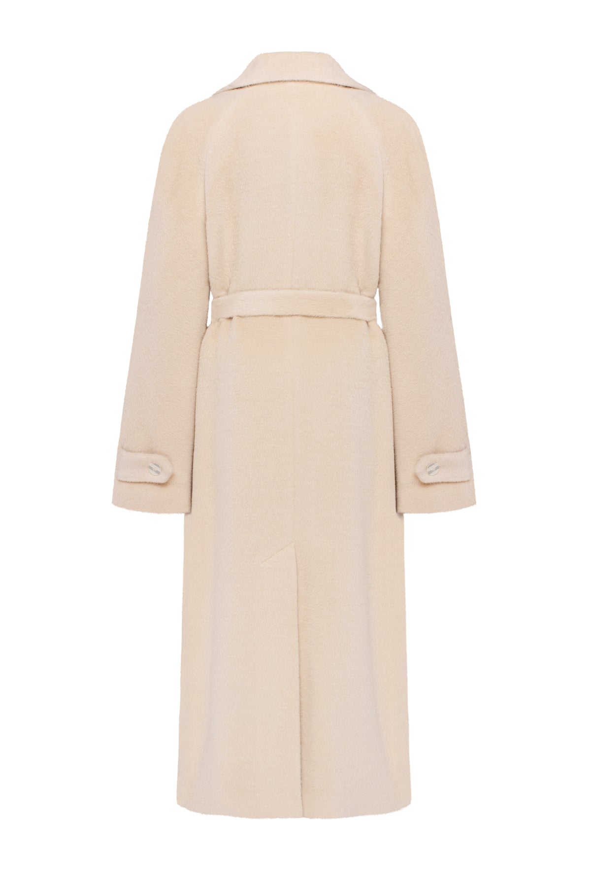 A long cream-colored coat with a matching waist belt, shown from the back on a plain white background.