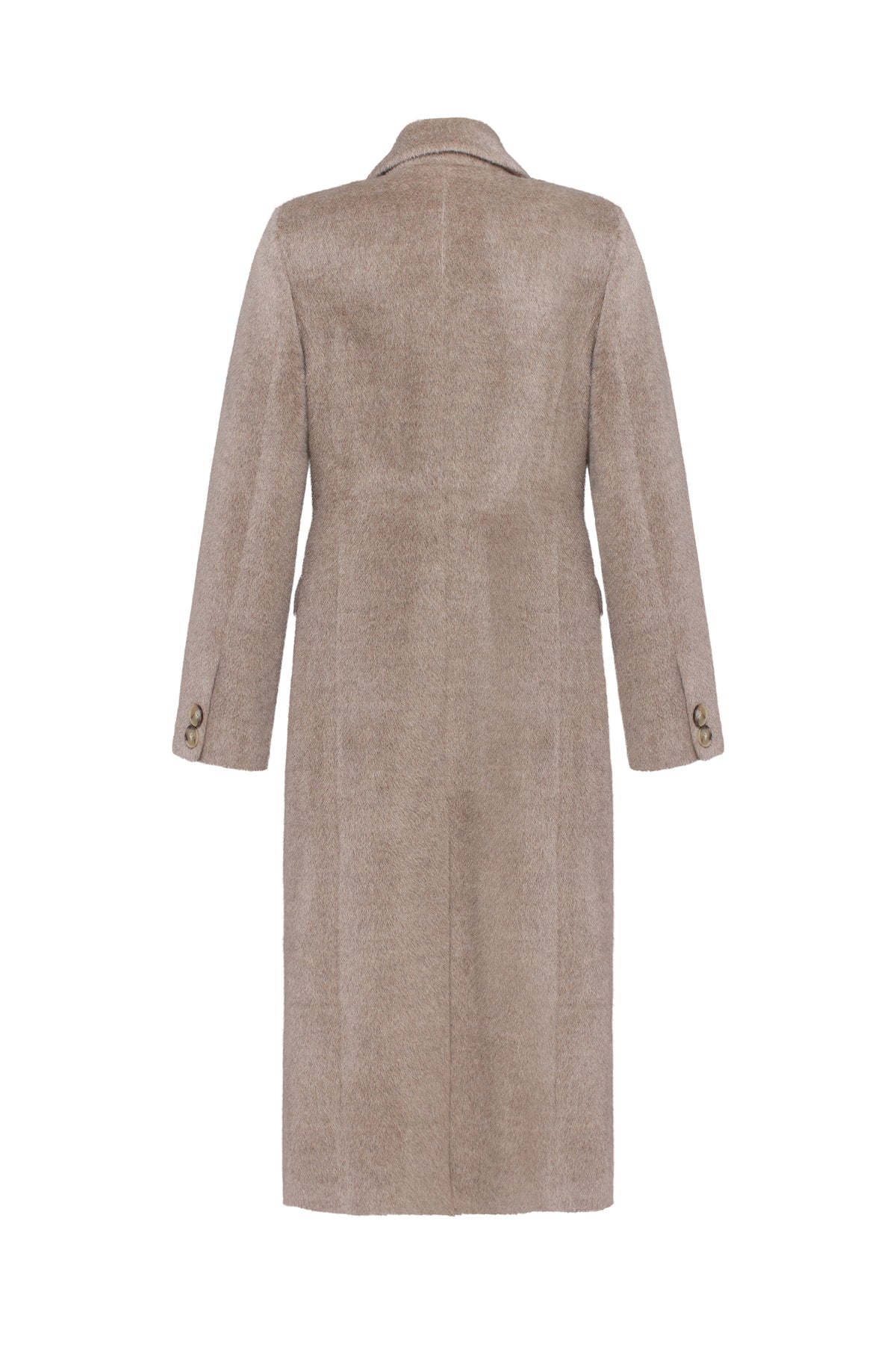 A long-sleeved, knee-length trench coat shown from the back, featuring a textured tweed-like fabric in a warm taupe-beige color with small gold buttons on the cuffs.