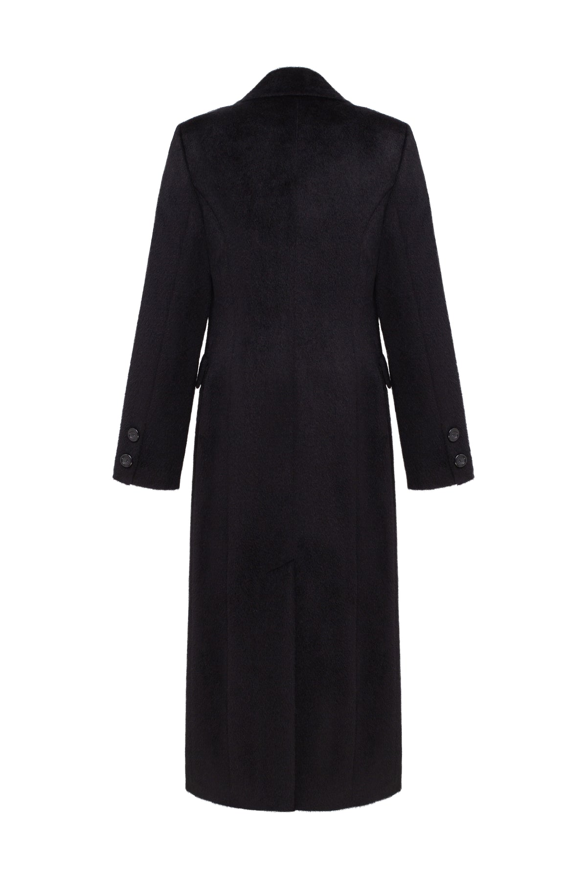 A long black wool-blend coat with a wide collar and long sleeves, shown from the back on a plain white background.