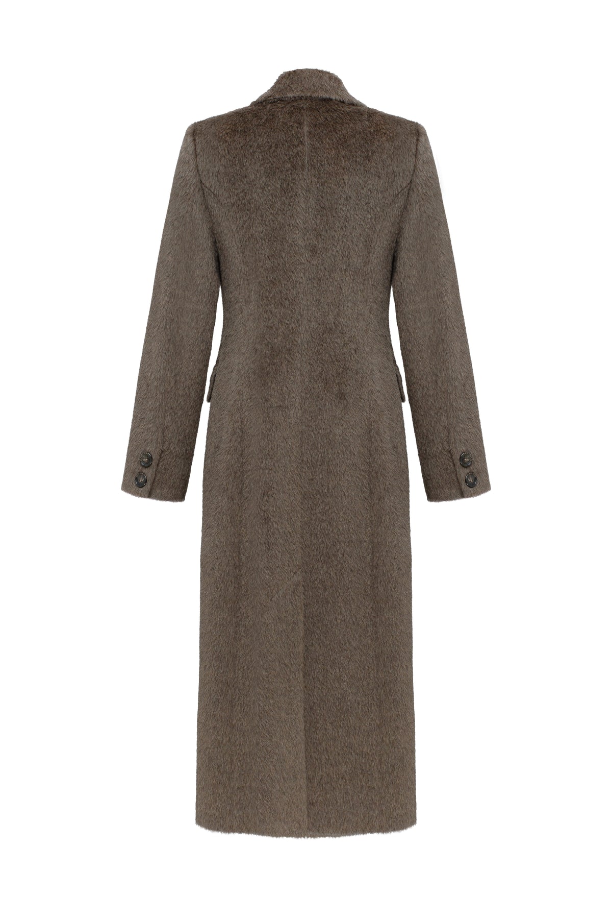 A long brown wool-blend coat shown from the back, featuring a structured collar, long sleeves with button cuffs, and a straight silhouette, photographed against a solid white background.