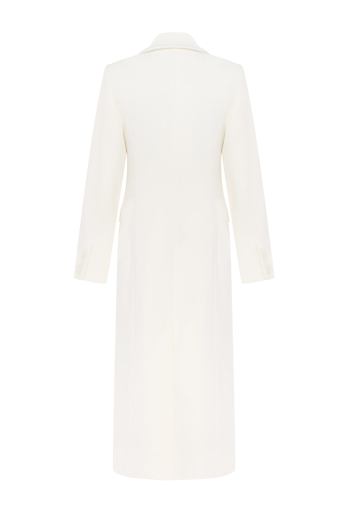 An off-white long-sleeve coat shown from the back, photographed against a seamless white background.